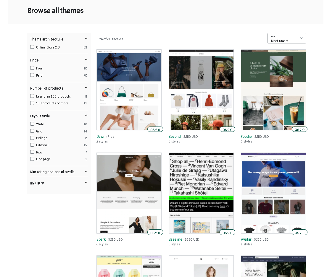 Captura de pantalla de la tienda de temas Shopify