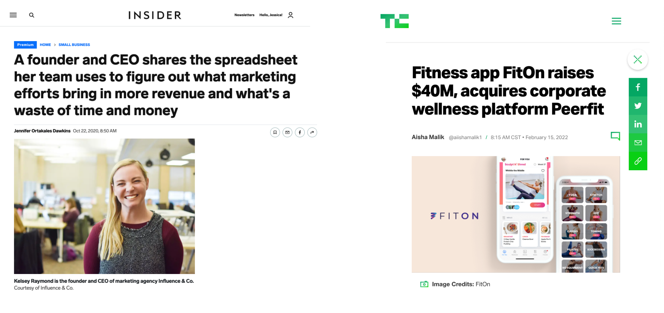 Contenido de imagen de ejemplo de función de relaciones públicas: Vista previa del artículo de Business Insider, "Una fundadora y directora ejecutiva comparte la hoja de cálculo que usa su equipo para descubrir qué esfuerzos de marketing generan más ingresos y qué es una pérdida de tiempo y dinero". y vista previa del artículo de TechCrunch, "La aplicación de fitness FitOn recauda 40 millones de dólares y adquiere la plataforma de bienestar corporativo Peerfit"