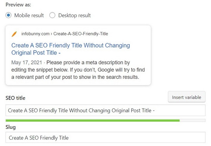 Screen capture of Yoast SEO settings for the article - How To Create A SEO Friendly Title Without Changing Original Post Title
