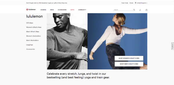 Zrzut ekranu strony głównej witryny lululemon