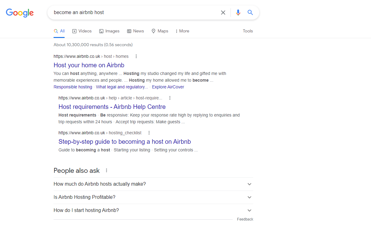 Captură de ecran a căutării pe google pentru a deveni gazdă airbnb