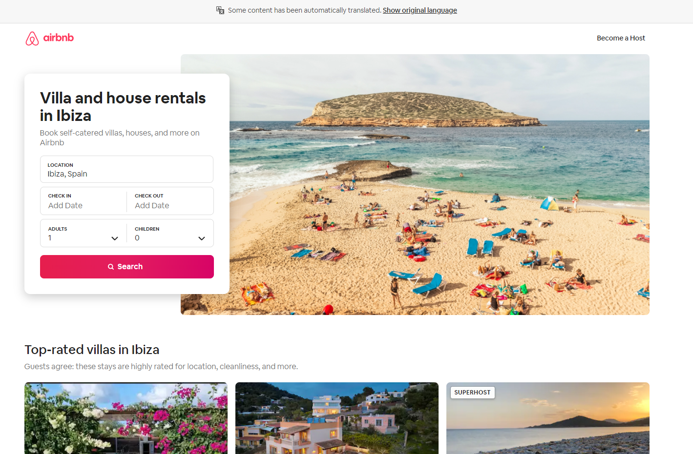 Captură de ecran a paginii de destinație a vilelor Airbnb Ibiza
