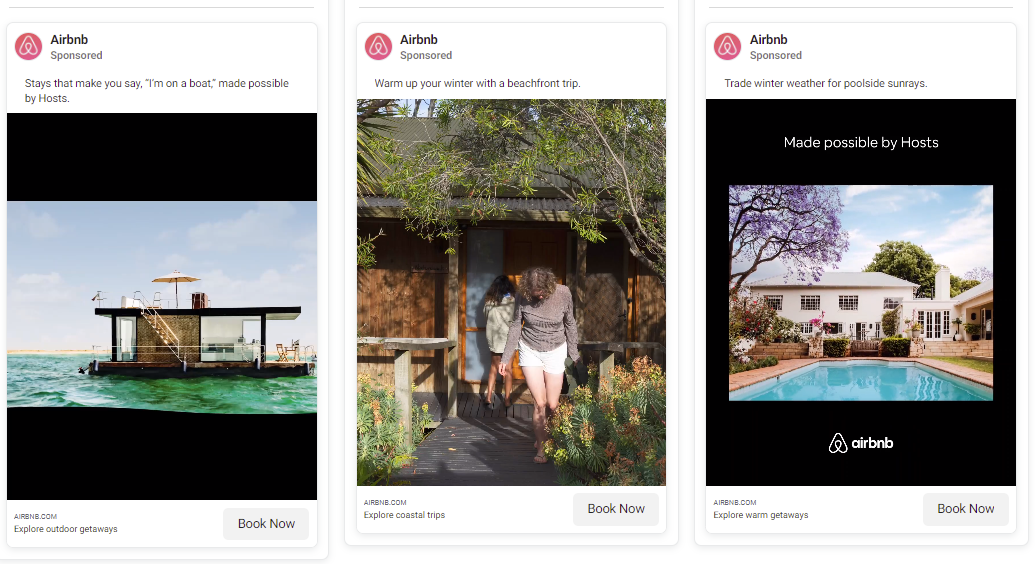 Captură de ecran a reclamelor Facebook Airbnb în SUA