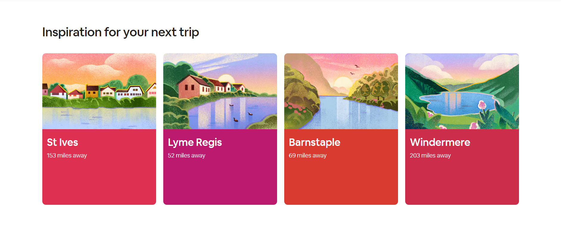 Captură de ecran a secțiunii de inspirație de pe pagina de pornire a Airbnb