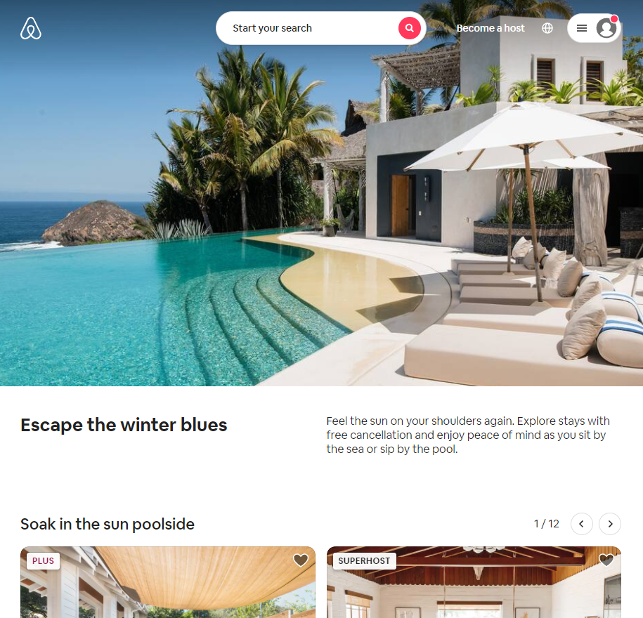 Pagina de destinație Airbnb Winter Blues