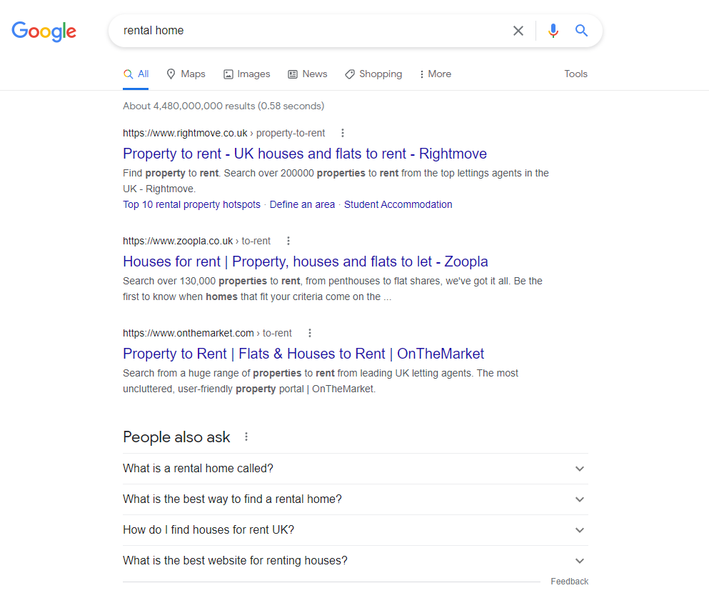 Captură de ecran a unei căutări Google pentru o casă închiriată