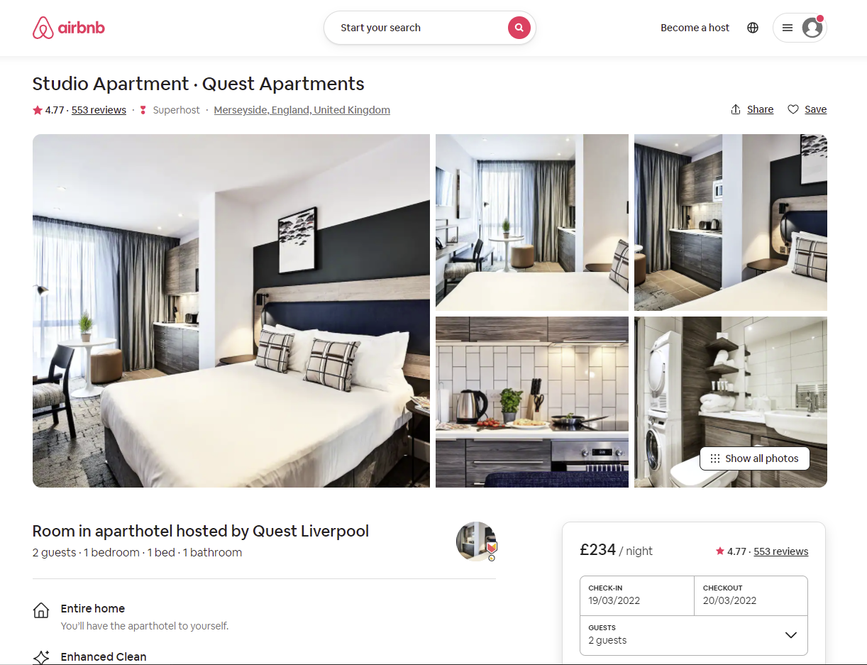 Captură de ecran a unei pagini de produs Airbnb