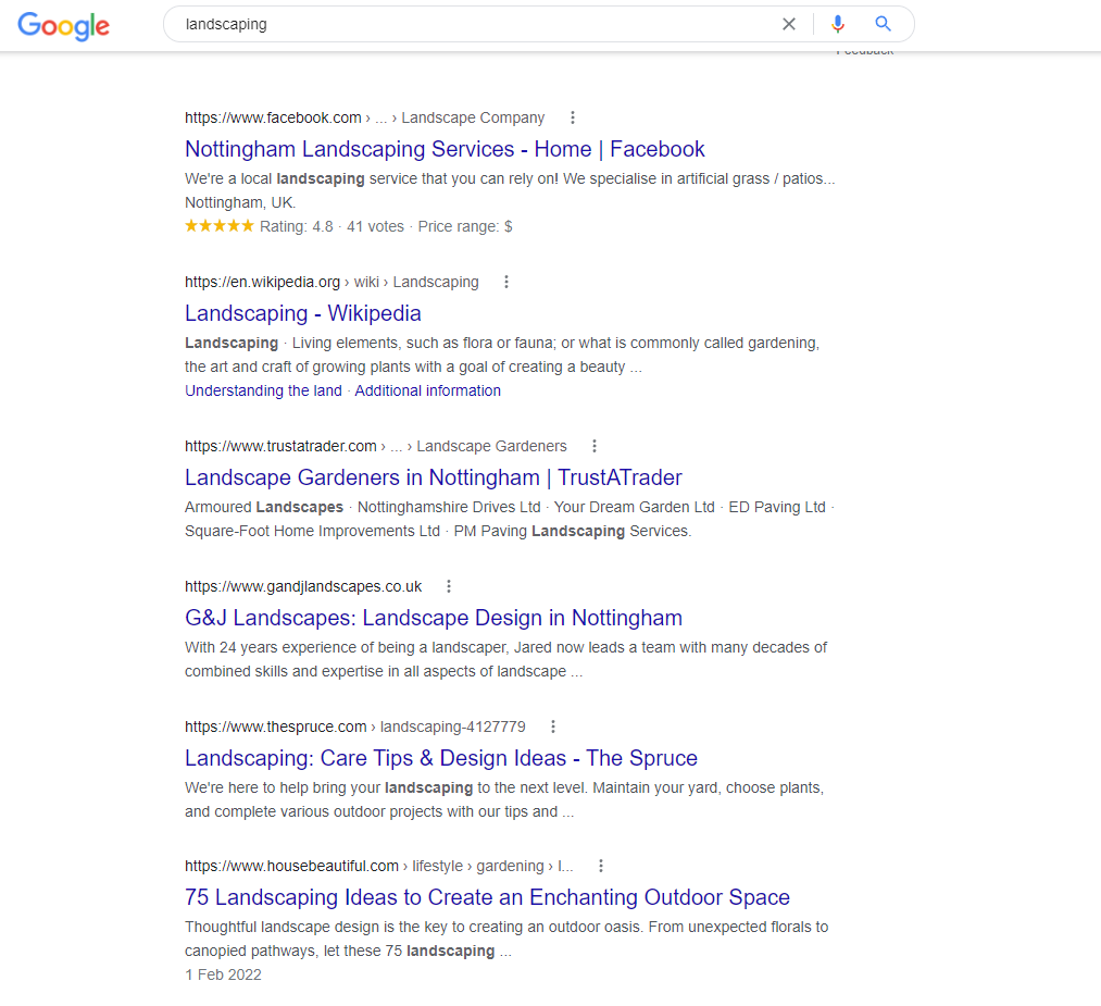 "Peyzaj" için Google arama sonuçlarının ekran görüntüsü