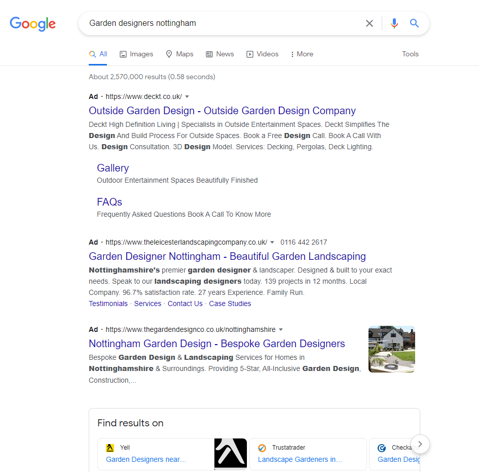 "Bahçe tasarımcıları Nottingham" için Google arama sonuçlarının ekran görüntüsü