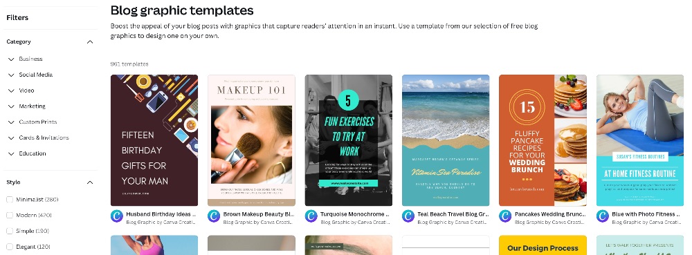 canva 블로그 그래픽 템플릿에 대한 검색 결과의 스크린샷