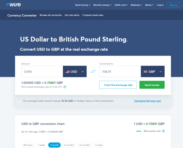 ภาพหน้าจอของเครื่องคำนวณการแปลง USD เป็น GBP