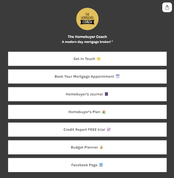 สกรีนช็อตของ Linktree ของโค้ชผู้ซื้อบ้าน