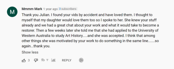 Captura de pantalla de un comentario en el canal de YouTube Baumgartner Restoration
