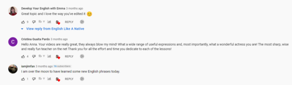Captura de pantalla de comentarios en el canal English Like a Native de YouTube