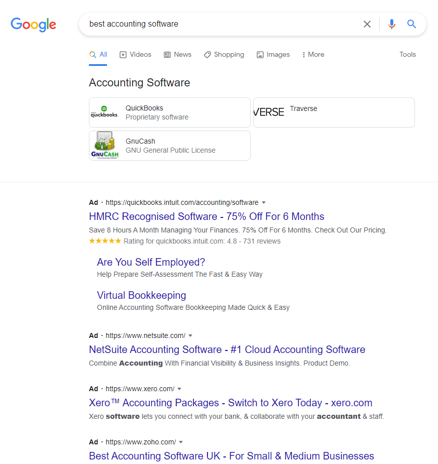 ภาพหน้าจอของ Google Ads สำหรับซอฟต์แวร์การบัญชีที่ดีที่สุด