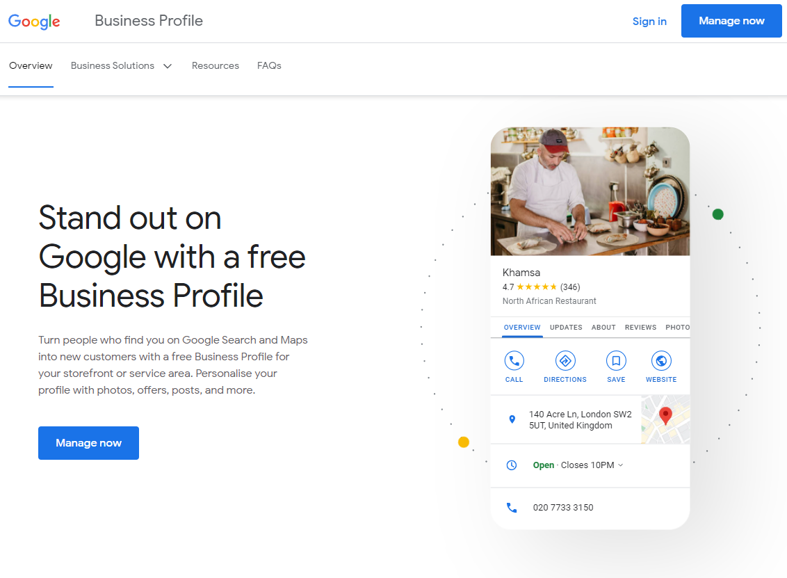 ภาพหน้าจอของเว็บไซต์ลงชื่อสมัครใช้ข้อมูลธุรกิจของ Google