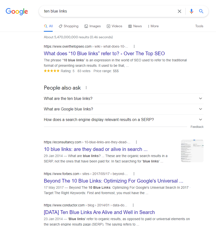 SERPの「クラシック」な10個の青いリンクを示すスクリーンショット