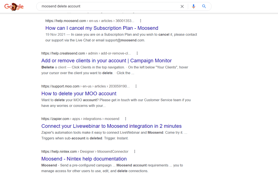 لقطة شاشة لنتيجة بحث Google لحذف حساب Moonsend