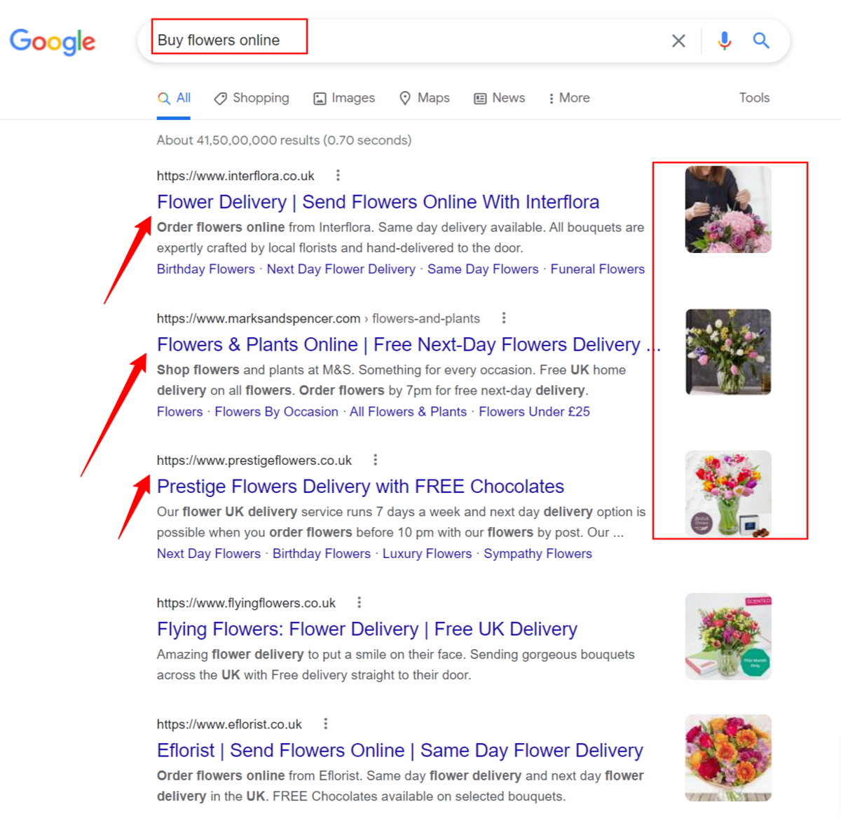 สกรีนช็อตของผลการค้นหาของ Google สำหรับข้อความค้นหา "ซื้อดอกไม้ออนไลน์"