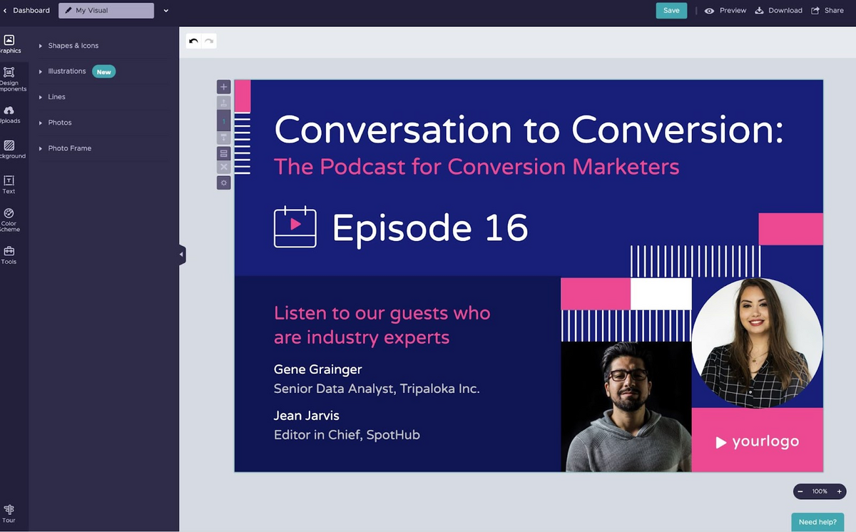 Modifica di un modello in piktochart per la copertina di un podcast