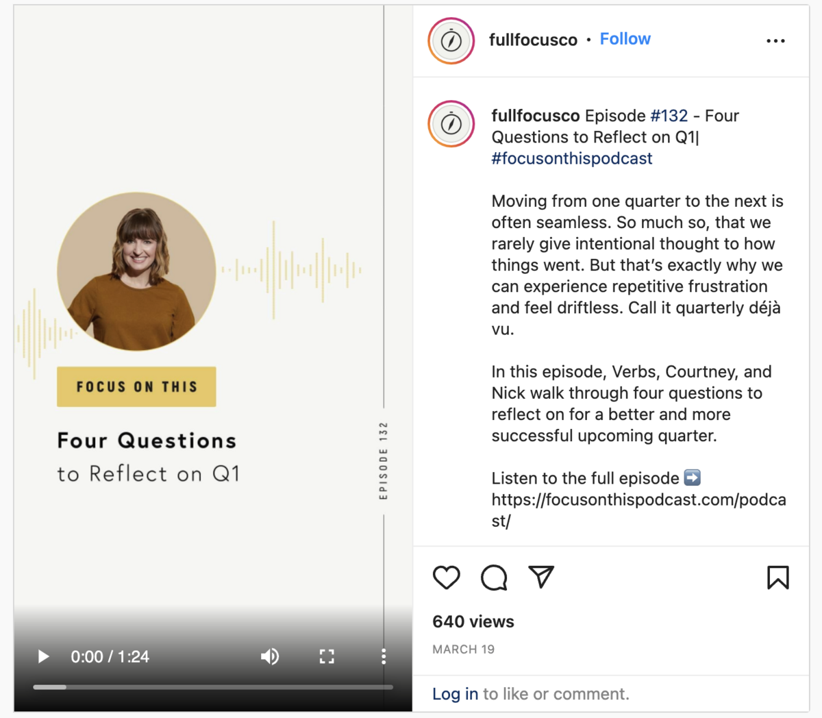 Esempio di episodio di un podcast riproposto come clip video su Instagram