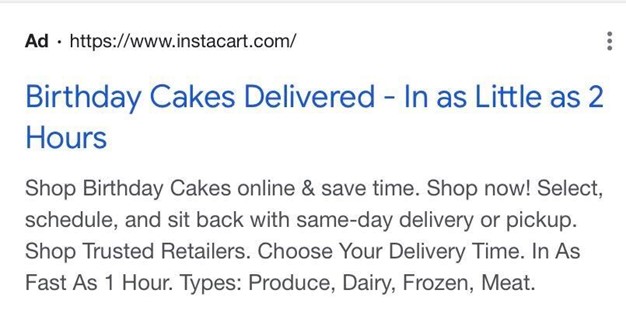 Instaccart Google ad pubblicità torte di compleanno disponibili per la consegna in appena due ore