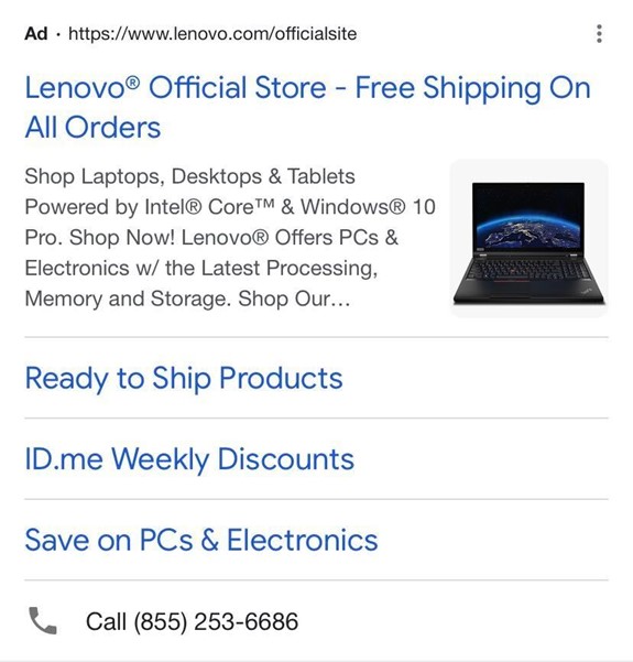 Annuncio pubblicitario di Lenovo Google che fa pubblicità alla spedizione gratuita su tutti gli ordini