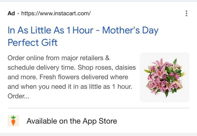 Instacart annunci Google che pubblicizzano regali per la festa della mamma disponibili per la consegna in appena un'ora