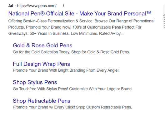 National Pen Annuncio di Google che pubblicizza vari stili di penne personalizzabili