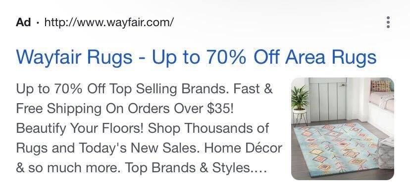 Pubblicità Google Wayfair con sconti fino al 70% sui tappeti