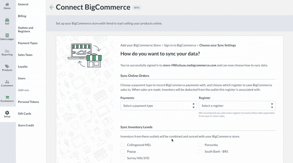 Vend BigCommerce POS 集成儀表板。