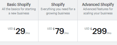 Shopify fiyatlandırmasının ekran görüntüsü