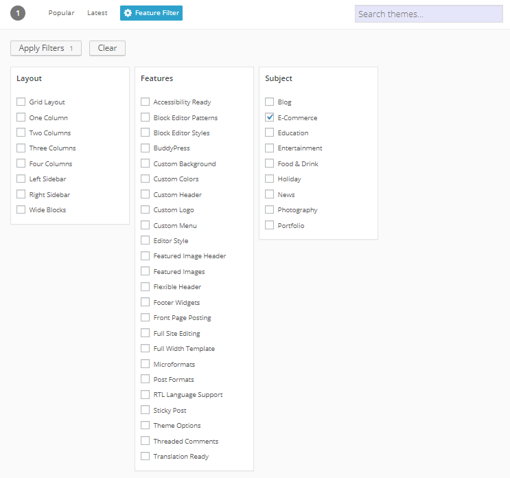 Captura de pantalla de las opciones de filtro disponibles en la tienda de temas de WordPress