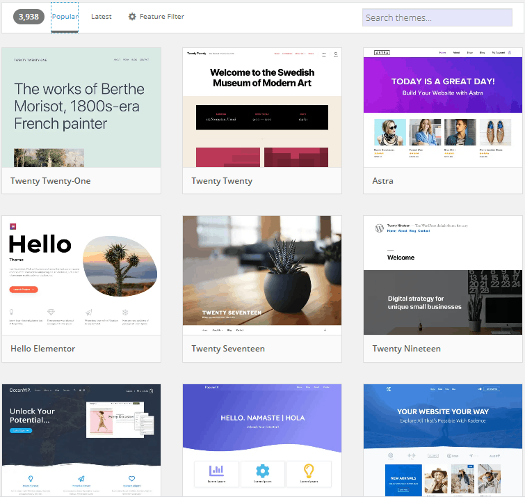Captura de pantalla de la tienda de temas de WordPress