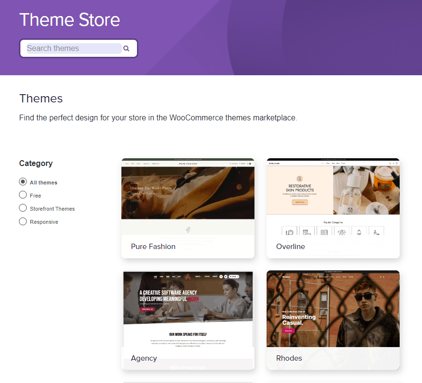 Captura de pantalla de la tienda de temas WooCommerce