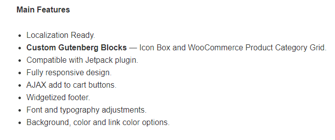 Captura de pantalla de las características del tema de WooCommerce
