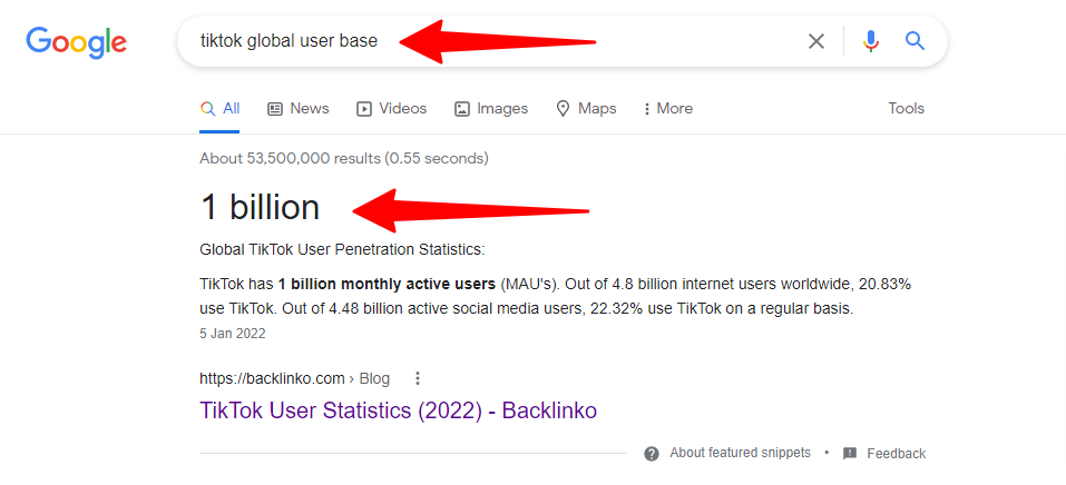 Rezultatul căutării Google pentru baza globală de utilizatori pentru TikTok
