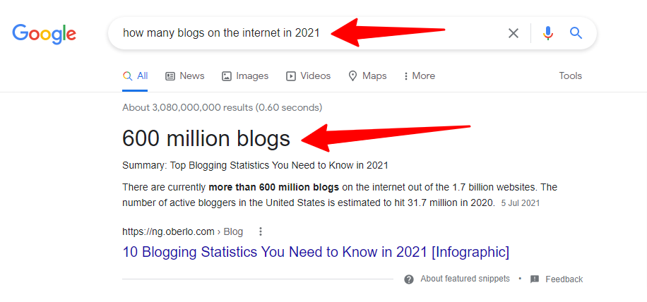 Rezultatul căutării Google - câte bloguri pe internet în 2021