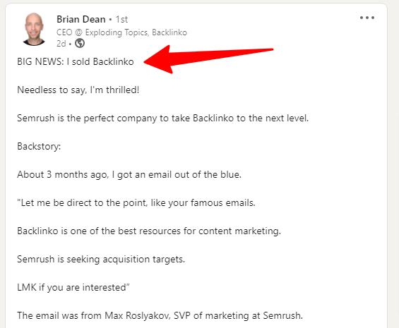 Brian Dean Postare pe LinkedIn - Am vândut Backlinko