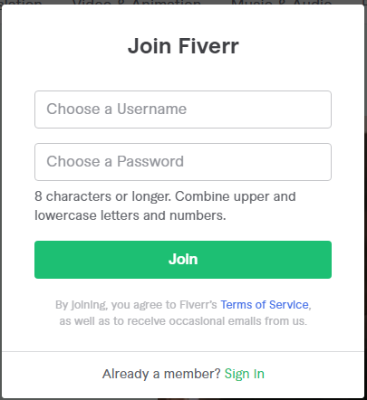 Formular de înscriere Fiverr