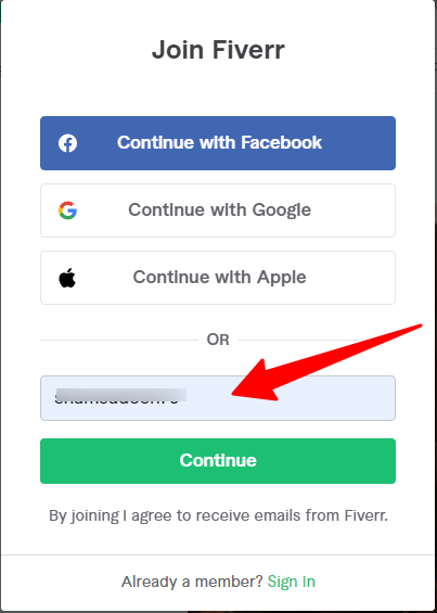 Formular de înscriere prin e-mail Fiverr