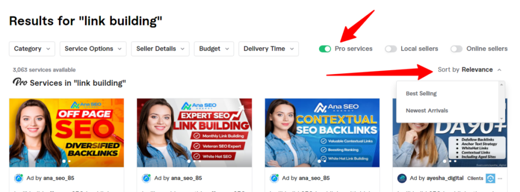 Opțiuni de filtrare pe Fiverr