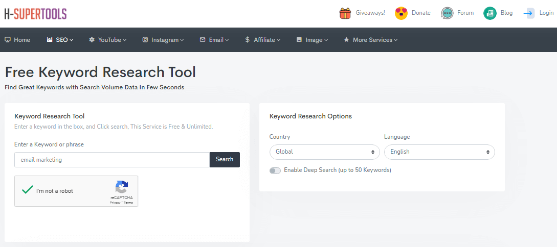 H-Supertools Herramienta gratuita de investigación de palabras clave