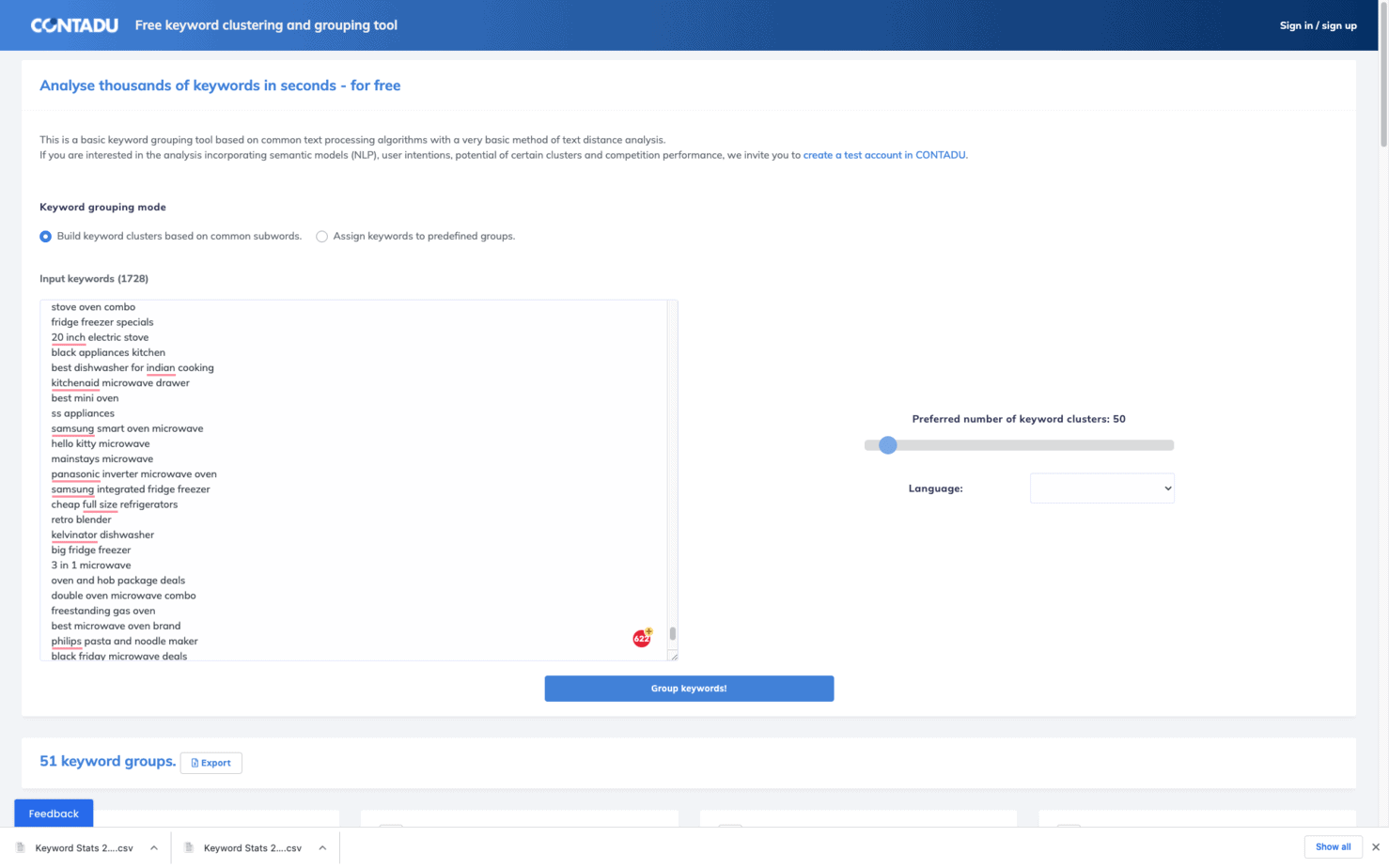Contadu keyword grouping tool
