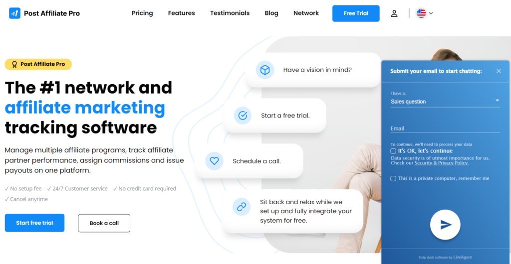 Post Affiliate Pro lpage上的實時聊天