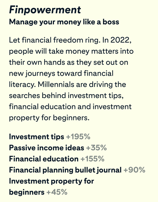 Pinterest prognostiziert 2022: Finpowerment | Agentur Vista