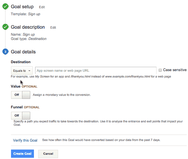 Configuration de l'objectif d'analyse Google