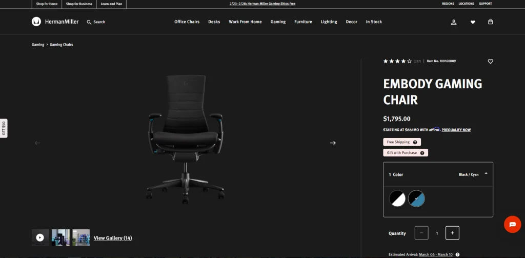 Herman Miller 椅子產品頁面