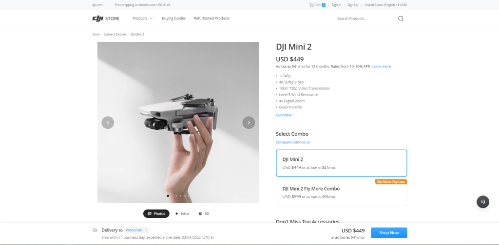 DJI 無人機產品頁面