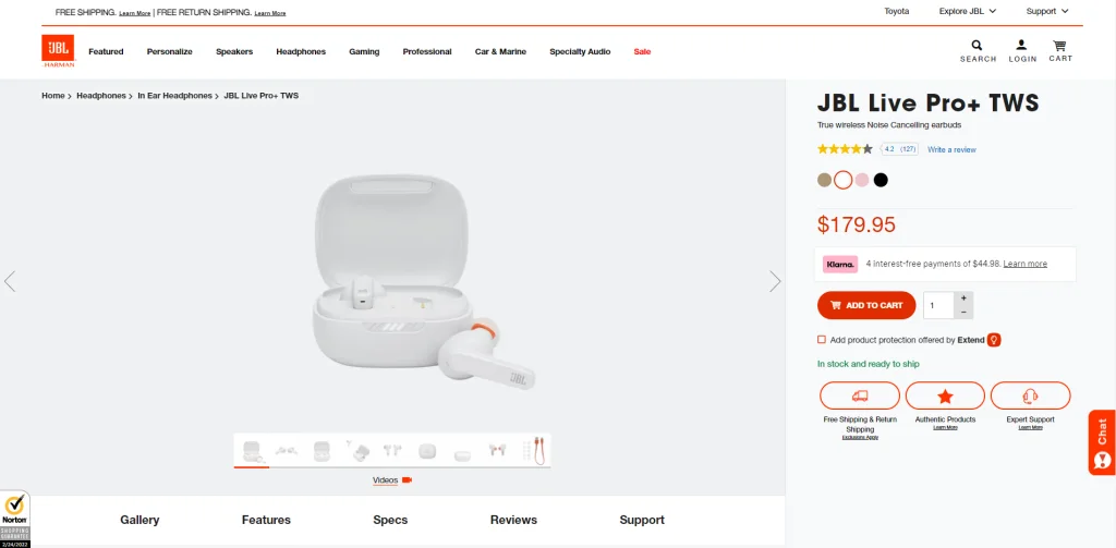 JBL 耳塞產品頁面